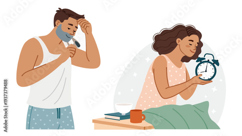 Couple starting their morning routine together in a peaceful bedroom