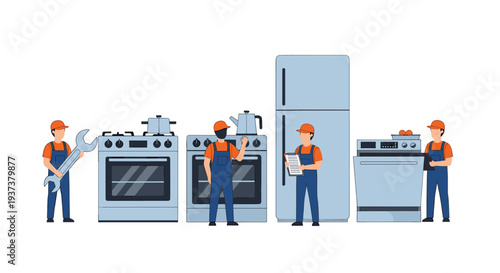 Four male technicians in blue overalls and orange caps are standing next to kitchen appliances, holding tools and clipboards, on a white background.
