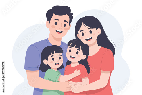 Happy Family of Four Together Embrace Love Cartoon Illustration
