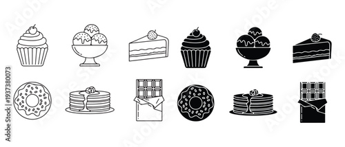 Collection of delicious dessert icons including cupcakes ice cream cake donuts and chocolate bars