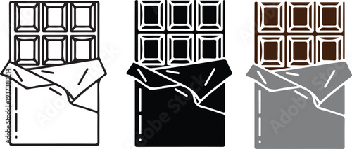 Three distinct graphic representations of a chocolate bar in its wrapper isolated on a transparent background