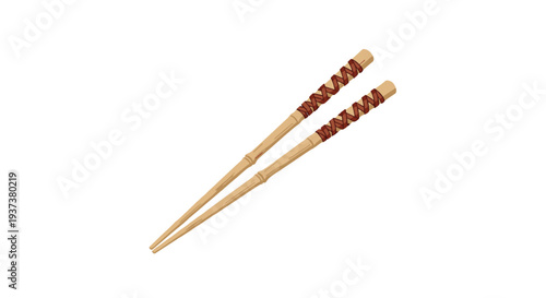 An isometric illustration of a pair of bamboo chopsticks with decorative brown wrapping is positioned diagonally on a plain white background.