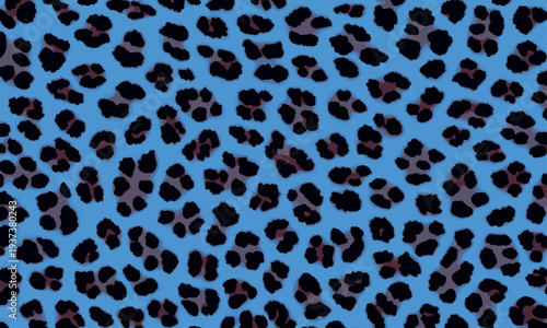 Cheetah spotted blue leopard pattern, seamlessly prints the animal background. Blue leopard print seamless pattern with black cheetah style spots. Fashion textile, wallpaper, packaging and design.