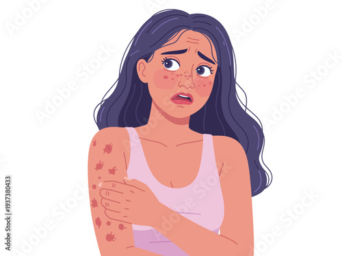 Woman with skin rash and eczema on arm, worried expression, long dark hair, pink tank top