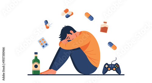 An illustration of a person sitting curled up in distress, surrounded by pills, an alcohol bottle, and a video game controller, is displayed on a white background.