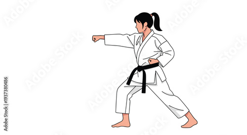 An illustration of a woman in a white karate gi with a black belt is performing a focused punch stance on a plain white background.