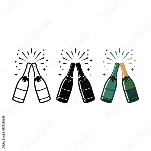 Celebratory champagne bottles in black, white, and green colors with festive sparks and stars