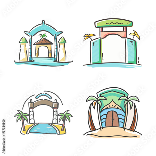 Tropical resort entrance icons, set of 4 hand-drawn beach hotel gate vectors, exotic island vacation portal illustrations with palm trees and sand