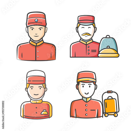 Four hand-drawn bellhop icons in uniform with luggage and service bell.