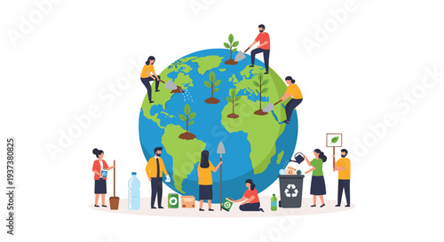 Various individuals are diligently planting trees, watering plants, and sorting recyclables around a large Earth globe on a clean white background.