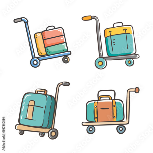 Hand drawn travel luggage on airport trolleys, baggage cart icons set, colorful vacation suitcases