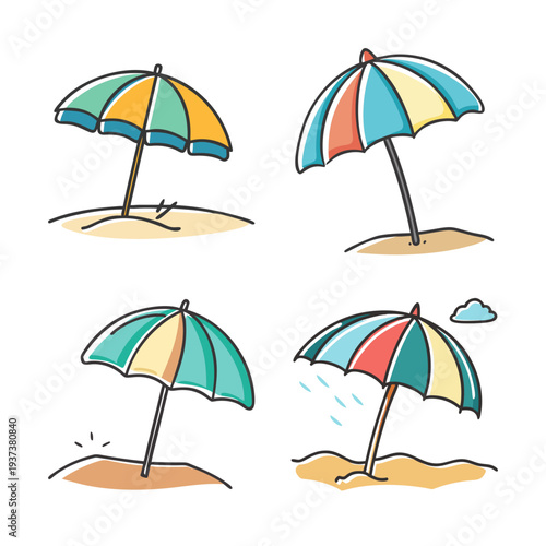 Collection of four colorful beach umbrellas on sandy ground for summer vacation