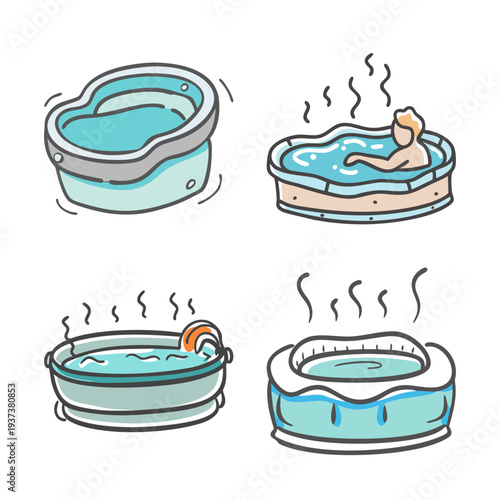 Four illustrations of hot tubs and jacuzzis with steam for relaxation and spa
