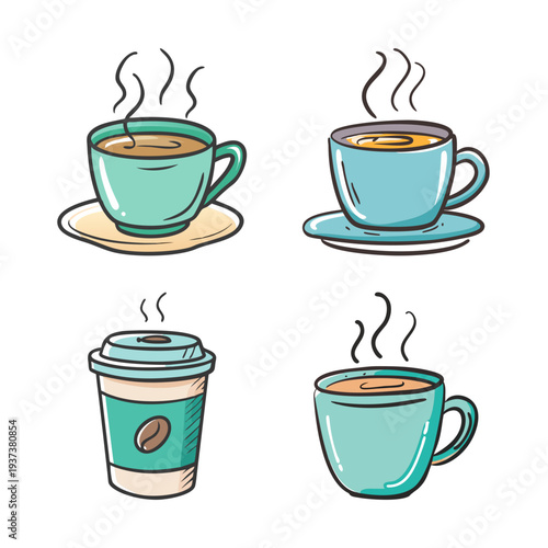 Four steaming cups of coffee and a takeaway cup for morning beverage and cafe