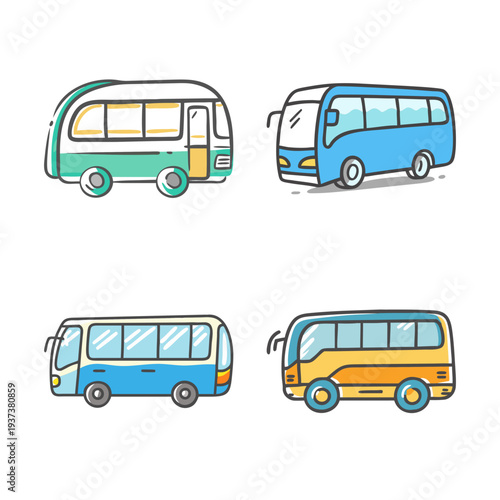 Set of four cartoon shuttle buses for public transport and passenger travel
