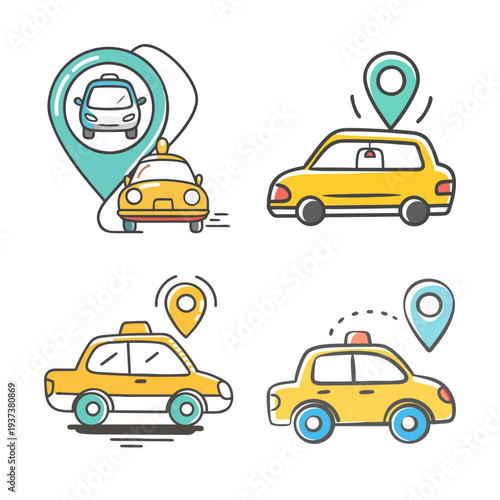 Set of four cute taxi icons with location pins, representing ride-sharing services.