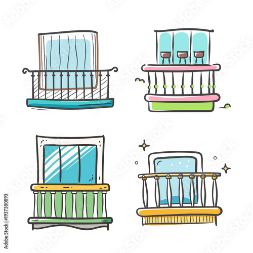 Cute, hand-drawn vector icons of various balconies with railings and windows.