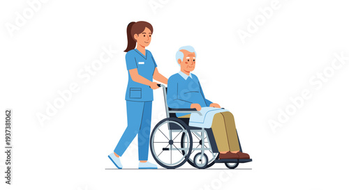 A compassionate female nurse in blue scrubs pushes an elderly man in a blue sweater in a wheelchair on a clean white background.