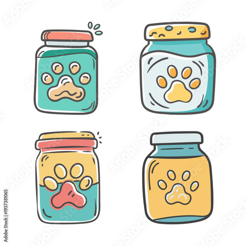 Four cartoon pet treat jars with paw print labels, vector icons.