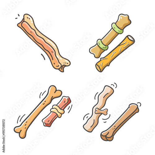 Collection of four dog chew toys, bone shaped and stick shaped, vector icons