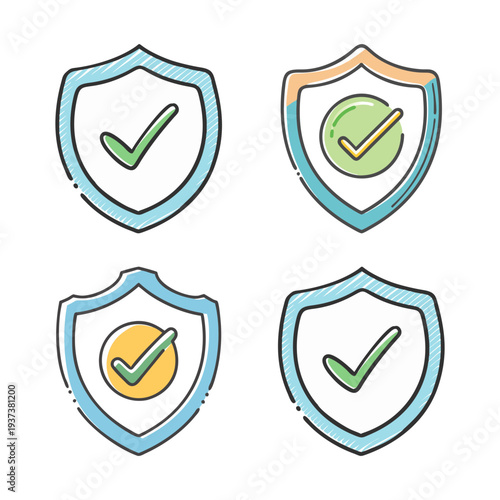 Hand drawn shield icons with checkmarks and circles on white background.