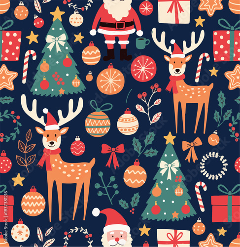 Christmas seamless pattern with Santa Claus, reindeer, trees, and ornaments vector