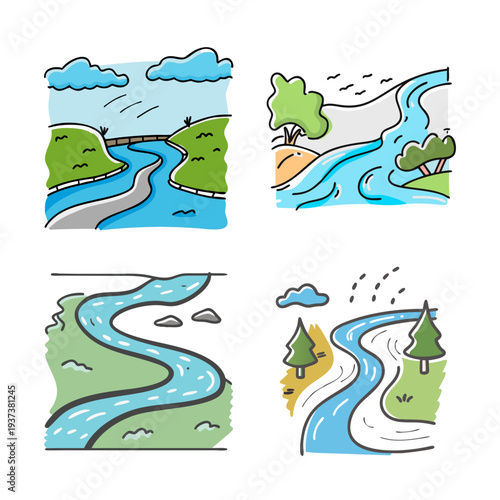 Whimsical hand-drawn river scenes with flowing water, greenery, and clouds.