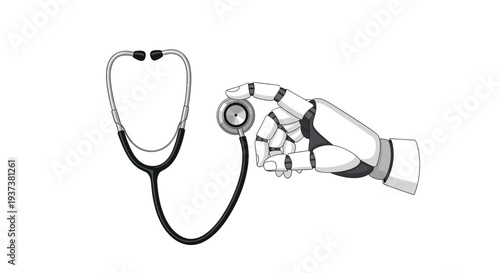 A white robotic hand grasps a black stethoscope's diaphragm, with another stethoscope lying flat on a pristine white background.