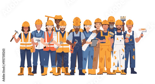 A large group of diverse construction workers, both men and women, wearing yellow hardhats and holding various tools, stands shoulder-to-shoulder on a white background.