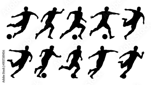A collection of black silhouettes depicts multiple soccer players in dynamic action poses showcasing various moments during a game high quality professional detailed modern elegant stylish