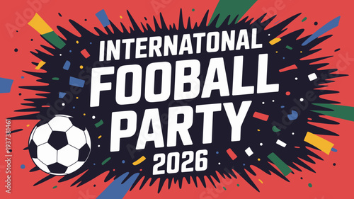 A vibrant promotional graphic announces an international football party for 2026 showcasing a soccer ball and colorful dynamic burst effects high quality professional detailed modern elegant