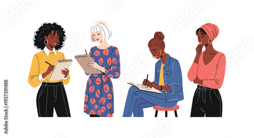 Four diverse women, including one with a headscarf, are actively writing and drawing on various clipboards and notebooks against a clean white background.
