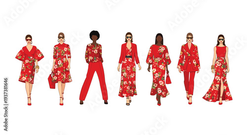 Seven diverse women model various red floral-patterned outfits, including dresses and jumpsuits, accessorized with bags and sunglasses on a white background.
