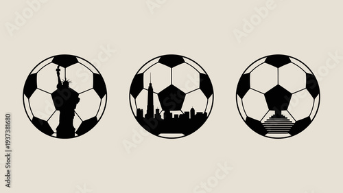 Three soccer balls are displayed each silhouetted with iconic landmarks the statue of liberty a cityscape and stairs high quality professional detailed modern elegant stylish clean