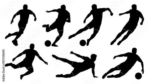 A collection of dynamic silhouettes depicts soccer players in various action poses including kicking running and diving for the ball high quality professional detailed modern elegant