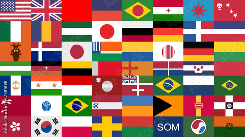 A vibrant collage displays numerous national flags from around the globe representing diverse cultures and international unity in a colorful arrangement high quality professional detailed modern