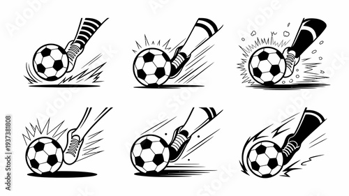 A dynamic sequence of black and white illustrations depicts a soccer ball being kicked with varying angles and force highlighting the action high quality professional detailed