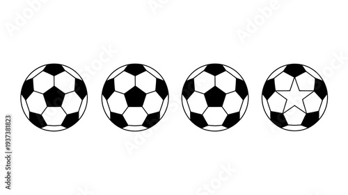 A minimalist illustration displays four black and white soccer balls in a horizontal row showcasing differing panel arrangements high quality professional detailed modern elegant stylish clean