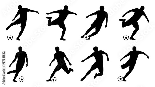 A collection of dynamic silhouettes depicts soccer players in various action poses including kicking and jumping with a soccer ball high quality professional detailed modern elegant