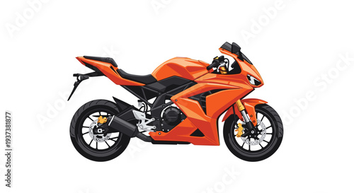A vibrant orange sport motorcycle is displayed in a side profile, revealing its detailed engine and sleek bodywork on a pure white background.