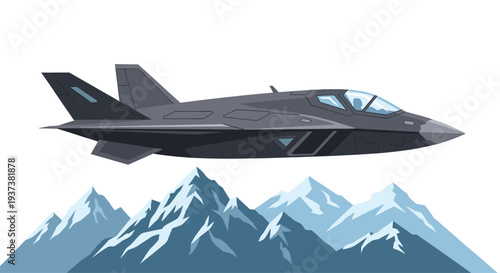 A dark grey stealth fighter jet with sharp angles soars horizontally above a range of jagged, snow-capped blue mountains.