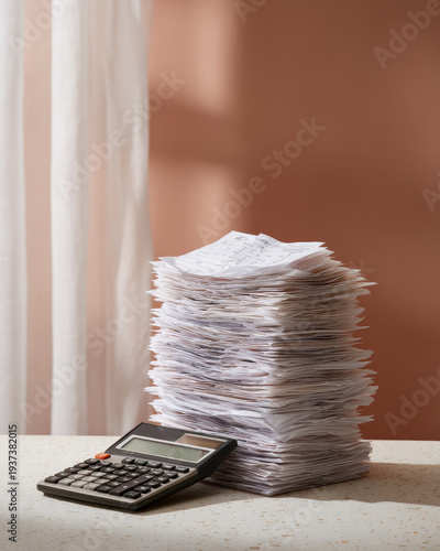 Tax season receipt paper document finance accounting calculator office stack budget Tall stack of receipt paper document for finance accounting near calculator office desk during tax season