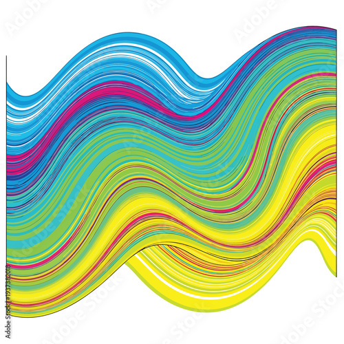 Vector illustration of a vibrant, layered, wavy design featuring abstract, flowing lines in blue, yellow, and pink hues from an aerial viewpoint