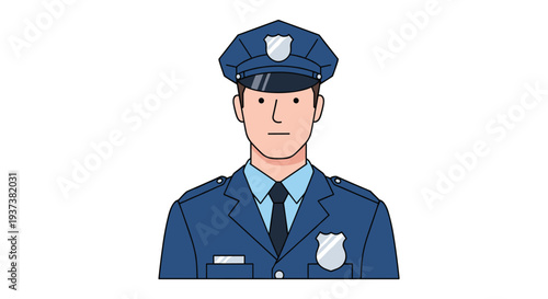 A cartoon male police officer, wearing a dark blue uniform with a peaked cap and two silver badges, is depicted from the chest up, facing forward against a white background.