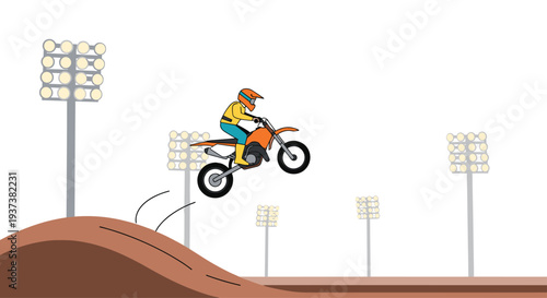 A monochrome illustration depicts a motocross rider, wearing a helmet and goggles, performing a dynamic wheelie on a dirt bike with its front wheel lifted high against a plain white background.