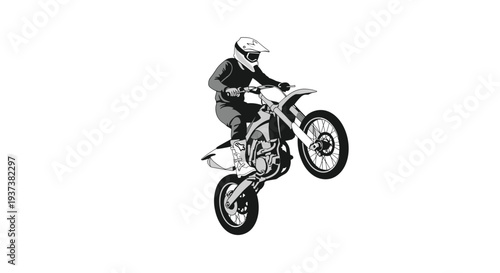 A monochrome illustration depicts a motocross rider, wearing a helmet and goggles, performing a dynamic wheelie on a dirt bike with its front wheel lifted high against a plain white background.