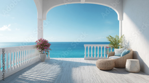 Luxurious balcony sea view coastal terrace ocean horizon blue sky white architecture summer sunlight wicker chair tropical plant vacation escape