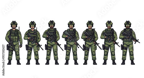 Seven male soldiers in green camouflage uniforms, helmets, and tactical vests stand in a straight line holding assault rifles on a white background.
