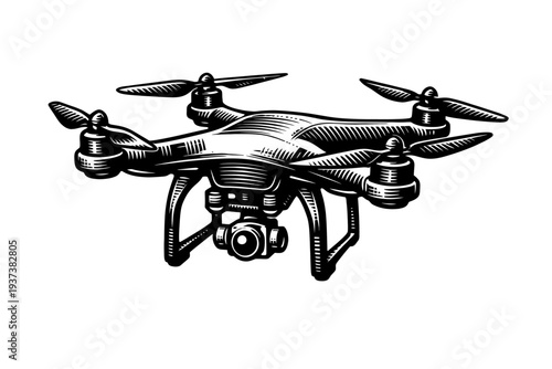Woodcut engraving of a modern quadcopter drone with a camera gimbal, symbolizing advanced aerial photography and videography, highlighting innovative UAV technology for smart flight and aerial mission