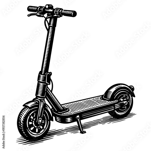 Detailed black and white woodcut electric scooter illustration for urban commuting, sustainable travel, eco-friendly mobility. Vintage engraving art for smart city transport, kick scooter design, acti
